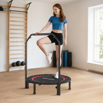 SPORTNOW Trampolim de Fitness Ø102 cm Dobrável com Guiador Ajustável de 4 Níveis e Bandas para Treino de Pernas e Corpo Vermelho