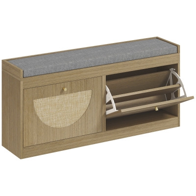HOMCOM Banco Sapateira com Assento Acolchoado Portas em Vime Prateleira Ajustável para 8 Pares de Sapatos 104,5x24x48 cm Madeira