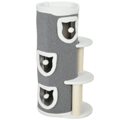 PawHut 101 cm Katzenturm, 3 Ebenen, 3 Schlafhöhlen, Spielbälle, Kratzpfosten, Sisal, Spanplatte, Grau