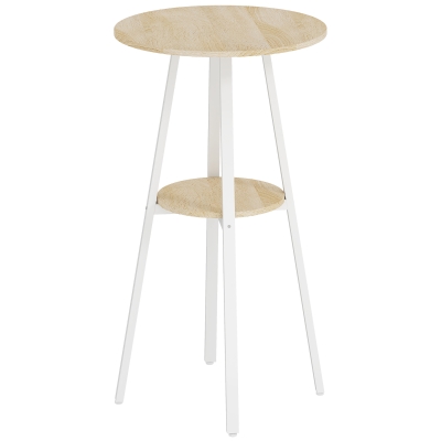 HOMCOM Mesa Alta de Cozinha Redonda com Prateleira de Armazenamento  para 2 Pessoas com Estrutura de Metal 55x55x95 cm Madeira e Branco