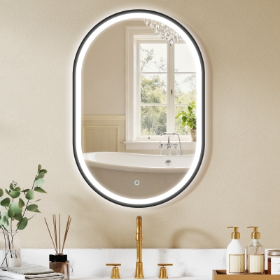 HOMCOM Espejo de Baño con Luz 60x90 cm Espejo de Pared Ovalado 3 Colores de Luz Brillo Regulable Función Antivaho Negro