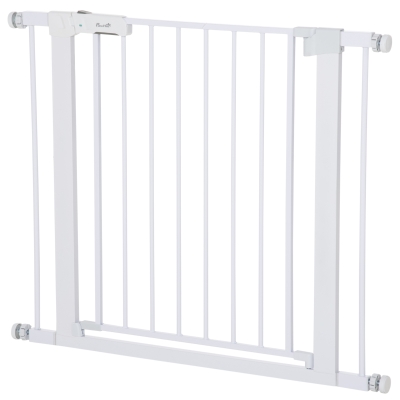 PawHut Barrera de Seguridad de Perros Extensible para Escaleras y Puertas 76-97 cm con 2 Extensiones de 7 cm Cierre Automático y Marco Metálico Altura 76 cm Blanco