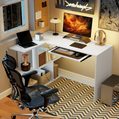 HOMCOM Bureau d'Angle en L avec Rangement Blanc 120x100x76cm