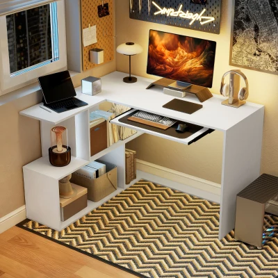 HOMCOM Scrivania Angolare con Ripiano per Tastiera e Scaffale