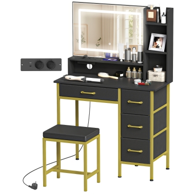 HOMCOM Coiffeuse Noir LED Miroir Tabouret 4 Tiroirs