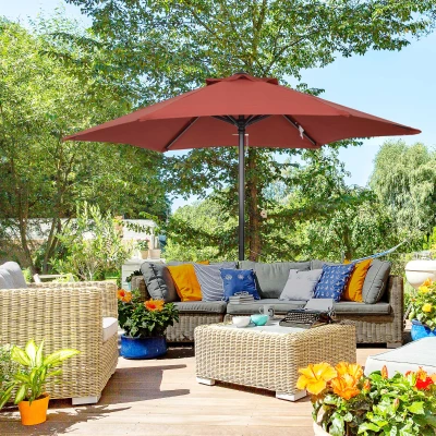 Outsunny Parasol de Terraza con Mástil de Aluminio Techo de Ventilación y Poste Desmontable Impermeable para Patio Rojo Vino