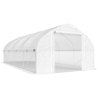 Outsunny Tunnelgewächshaus 6x3x2 m mit UV-Schutz und aufrollbarer Tür mit Reißverschluss Seitenwände mit Netz Weiß