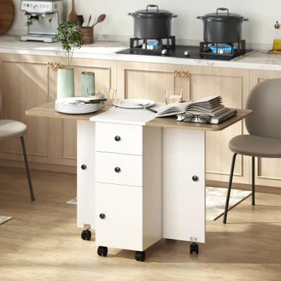 HOMCOM Table Cuisine Pliable Blanc/Chêne 2 Tiroirs 1 Placard