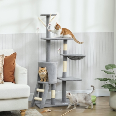 PawHut Árbol Rascador para Gatos Altura 134 cm con 6 Postes 3 Plataformas Cueva Hamaca Escalera 4 Juguetes Colgantes Gris