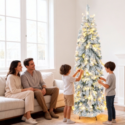 HOMCOM Árvore de Natal Estreita 180 cm Árvore de Natal Nevada com Luzes LED Temporizador 11 Modos de Iluminação Verde