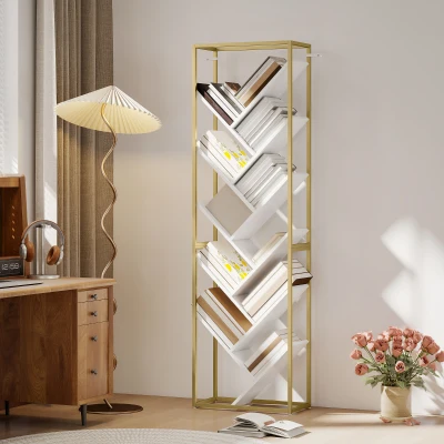 HOMCOM Modern Bookshelf 10-Shelf Gold/White