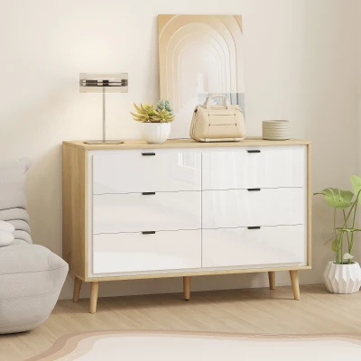 HOMCOM Commode 6 Tiroirs Blanc Chêne 110x40x75cm Bois