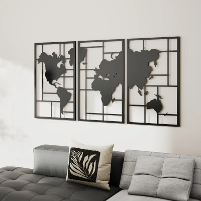 HOMCOM Decoración de Metal para Pared de Mapa Mundial de 3 Piezas para Salón Dormitorio Pasillo Negro