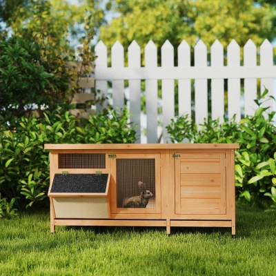 PawHut Jaula para Conejos con Techo Asfáltico Abatible Puertas con Pestillo Bandejas Extraíbles Comedero 112x50x54 cm Amarillo