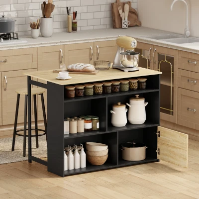 HOMCOM Ausziehbarer Bartisch mit Klappe, Stehtisch für Küche, 1 Schrank und 4 offene Fächer, 116x79,6x90,5cm, schwarz