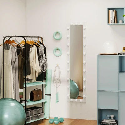 HOMCOM Espejo de cuerpo entero 150x40 cm espejo LED con 24 bombillas 3 tonos de luz, independiente, apoyable o para montaje en pared Blanco