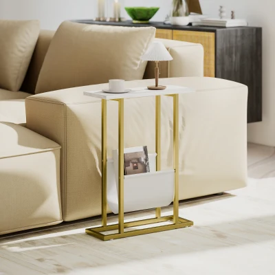 HOMCOM Narrow Side Table with Magazine Holder White Marble