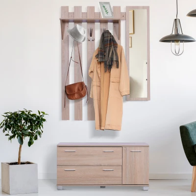 HOMCOM Móvel Cabide de Entrada com Espelho Ganchos e Sapateira Móvel de Entrada com 3 Ganchos Prateleira e 2 Gavetas para Corredor Carvalho