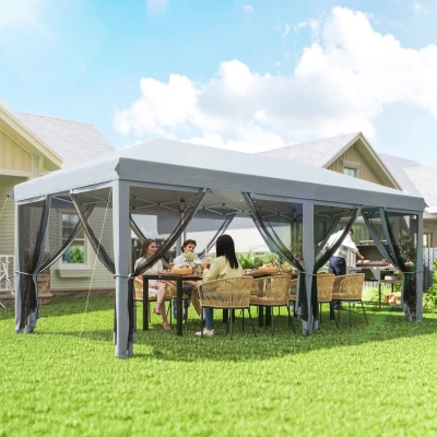 Outsunny Tenda Dobrável 585x295x270 cm Tenda de Jardim com 6 Mosquiteiros Bolsa de Transporte e Estrutura de Aço Cinza