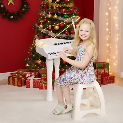 AIYAPLAY Piano Enfant 32 Touches avec Tabouret LED Blanc