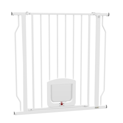 PawHut Barrera de Seguridad para Perros con Puerta Pequeña para Escaleras y Puertas 75-85 cm con Doble Bloqueo Blanco