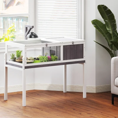 PawHut Casa para Tortugas de Madera con Techo de Malla Bandeja Extraíble y Soporte para Lámpara 104x53x82 cm Gris y Blanco