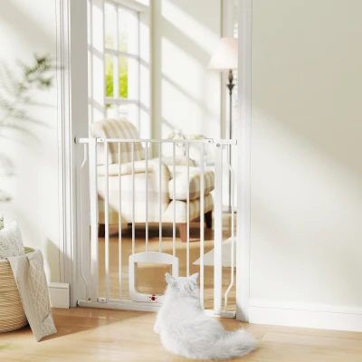 PawHut Barrera de Seguridad para Perros con Puerta Pequeña para Escaleras y Puertas 75-85 cm con Doble Bloqueo Blanco