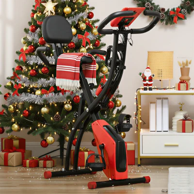 HOMCOM Heimtrainer X-Bike 2-in-1 Fahrradtrainer mit LCD-Display,Pulsmesser, klappbarer Hometrainer Trimmrad mit 8 stufig Magnetwiderstand, 1 Paar Spannseil, Stahl Rot 105x48x118 cm