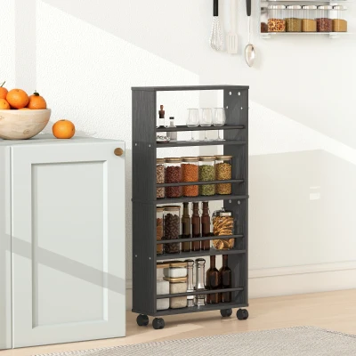 HOMCOM Raft multifuncțional cu roți, design îngust, 4 compartimente, 45x15x91 cm, Negru