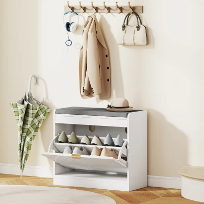 HOMCOM Upholstered Shoe Bench with Drawer and Vents White