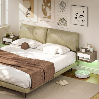 HOMCOM Juego de 2 Mesitas de Noche Flotantes con Luces LED RGB Control de APP Cajón Estante Abierto Natural y Blanco