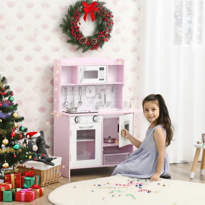HOMCOM Kids Kitchen Playset with Lights, Sounds, Pink