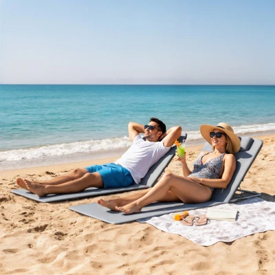 Outsunny Set of 2 Foldable Garden Beach Chair Mat - Lightweight Outdoor Sun Lounger Seats with Adjustable Back, Metal Frame, PE Fabric, Head Pillow, and Carry Bag, Grey