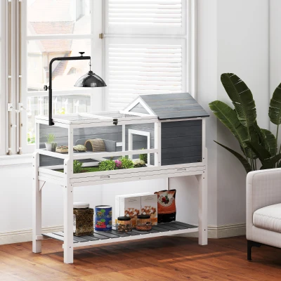 PawHut Casa para Tortugas de Madera con Soporte para Lámpara Ajustable Techos Abatibles Bandeja Extraíble y Estante Inferior