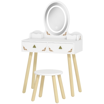 AIYAPLAY Coiffeuse Enfant 2 en 1 avec Miroir LED et Tabouret Blanc