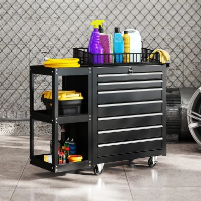 HOMCOM Workshop Trolley Tool Cart with 7 Drawers Removable Side Shelf 4 Casters with Brake, 96x33.5x75cm, Black