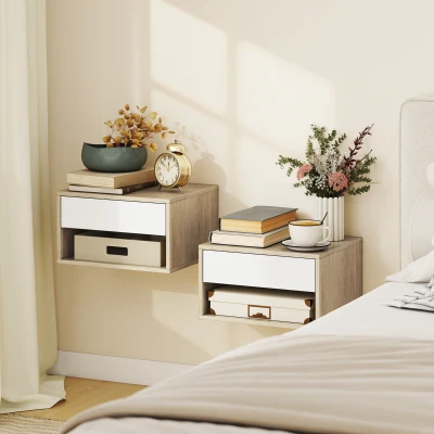 HOMCOM Conjunto de 2 mesas de cabeceira murais, mesas de noite, gaveta, compartimento aberto, tampo, 37 x 32 x 21 cm, madeira natural