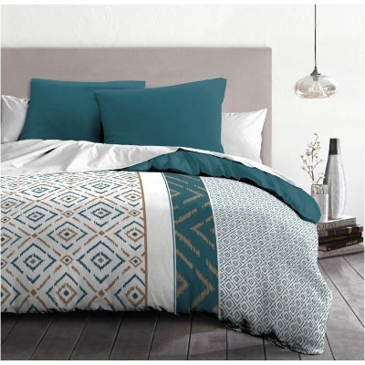 Parure de couette microfibre Ethno - 1 housse de couette 240x260 cm + 2 taies d'oreiller 63x63 cm - Bleu Canard - HOME LINGE