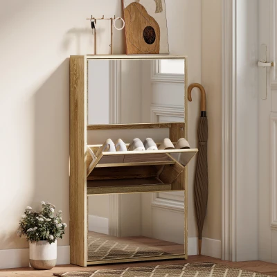 HOMCOM Zapatero Entrada Recibidor con 3 Puertas con Espejo Zapatero Estrecho para 9 Pares de Zapatos 65x17x114,5 cm Natural