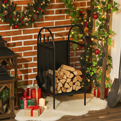 Outsunny Range-Bûches Métal Noir avec Accessoires et Roulettes