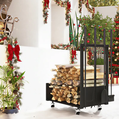 Outsunny Range-Bûches Métal Noir avec Roues et Accessoires