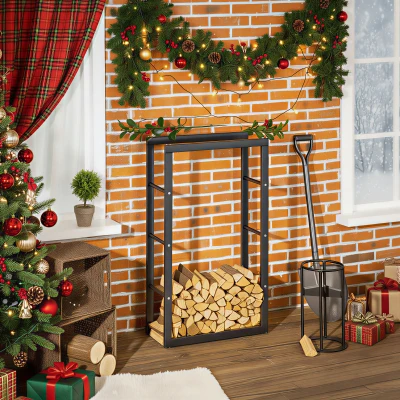 HOMCOM Porte-Bûches Métal Noir Design 100Kg 60x25x100cm