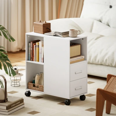 HOMCOM Mesa Minimal com Rodízios, 2 Gavetas, Compartimento Aberto e Prateleira Regulável, em Madeira, 60x30x65 cm, Branco