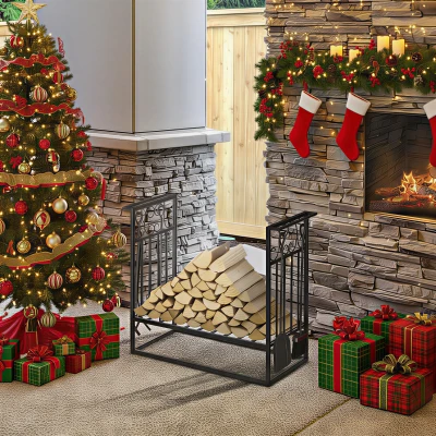 HOMCOM Porte-Bûches Acier Noir 75x30x60cm Cheminée Accessoires