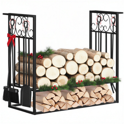 HOMCOM Porte-Bûches Acier Noir 75x30x60cm Cheminée Accessoires