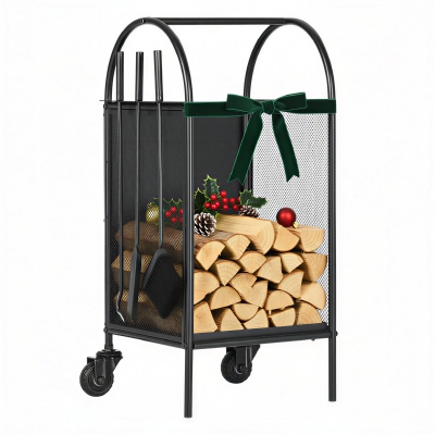 Outsunny Range-Bûches Métal Noir avec Accessoires et Roulettes