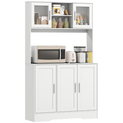 HOMCOM Kitchen Cupboard, Scandinavian Freestanding Kitchen Storage Cabinet with Adjustable Shelves, Tempered Glass Doors and Open Countertop for Dining Room, White