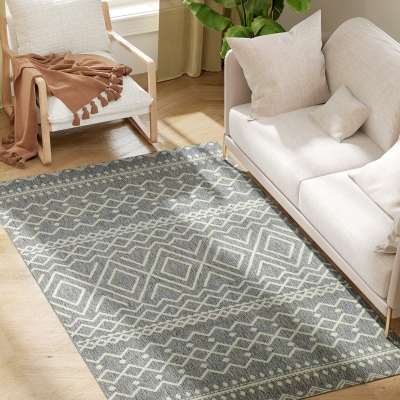 Dywan HOMCOM Płaskotkany Pralny Antypoślizgowy z Boho-Designem do Tarasu Balkonu Salonu i Kuchni, 170 x 120 cm, Szary