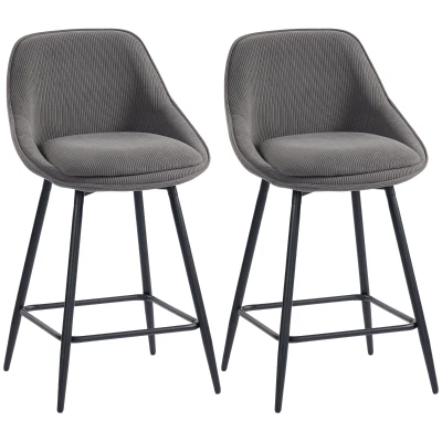 HOMCOM Stołki barowe, 2 sztuki, Stołek barowy z podnóżkiem, oparciem, wykończenie kordowe, wysokość siedziska 65 cm, Krzesła kuchenne ze stalową ramą, Sessel dla kuchni, jadalni, szare