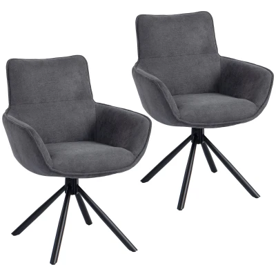 HOMCOM 360° Swivel Dining Chairs Set of 2, Ergonomic Upholstered Kitchen Chairs with Arms, Backrest and Steel Legs for Living Room, Dark Grey